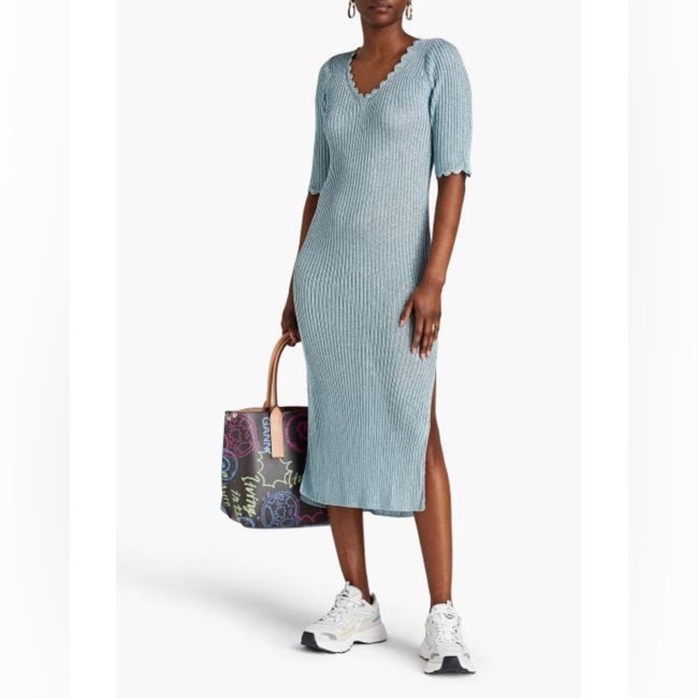 GANNI Metallic Rib Knit Midi Bodycon Dress